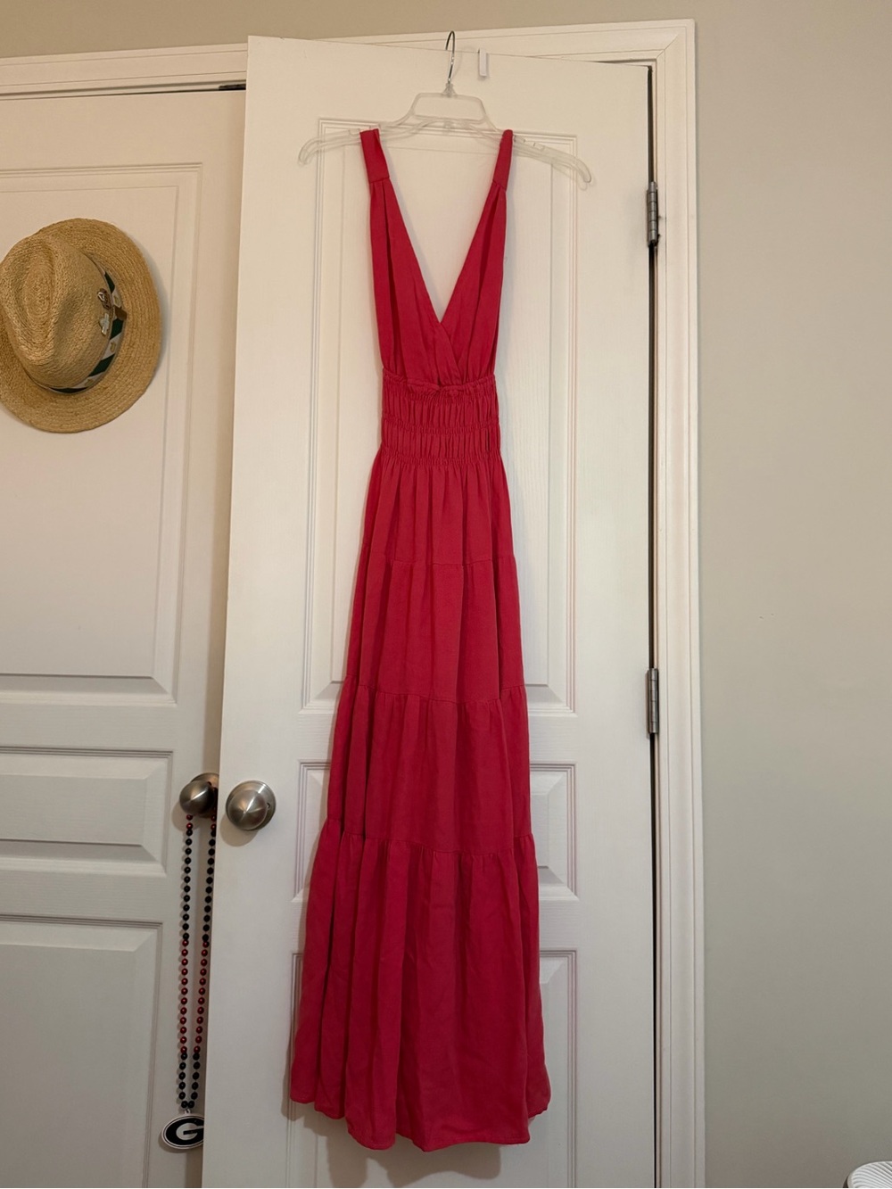 La Miel light red/pink tiered V neck maxi dress, size M